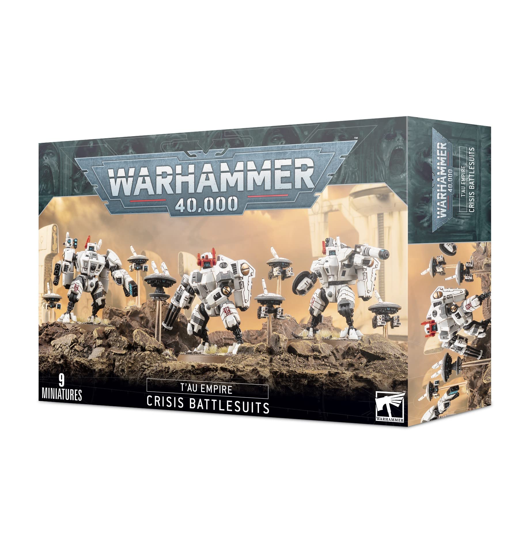 Games Workshop XV8 Crisis Battlesuit Team display-ready miniatures with versatile weapon options.