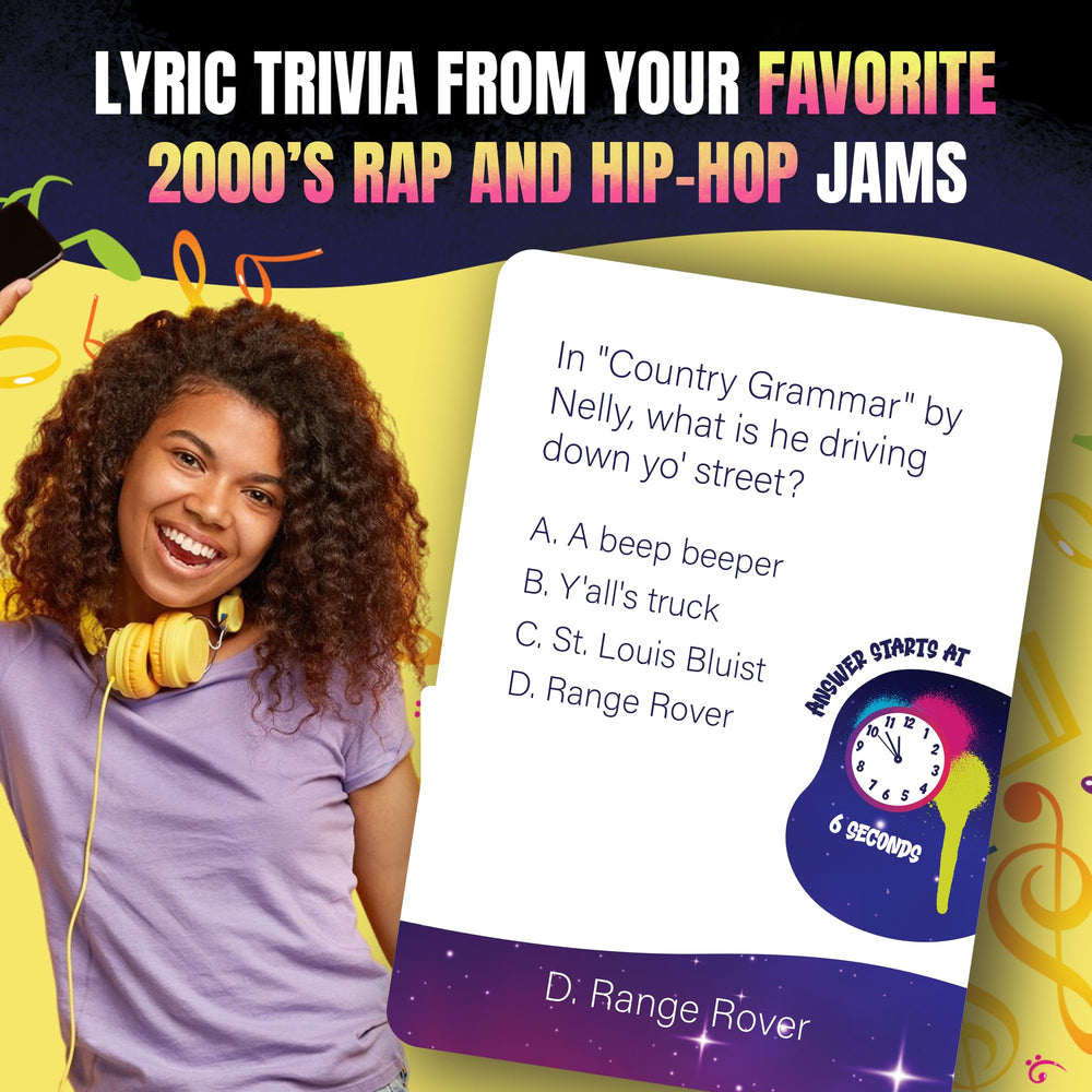 Game That Song Lyric Legend cards spread for 2000s hip-hop trivia rounds