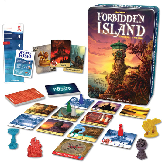 Gamewright Forbidden Island board setup with tiles and treasures for cooperative play