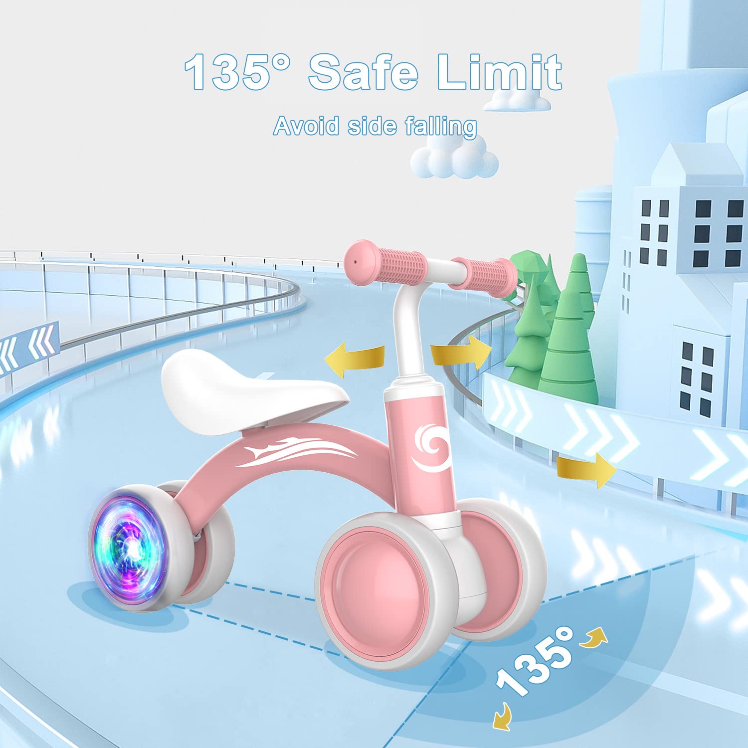 Gamfeiny 135-degree steering limit reduces side falls during first rides.
