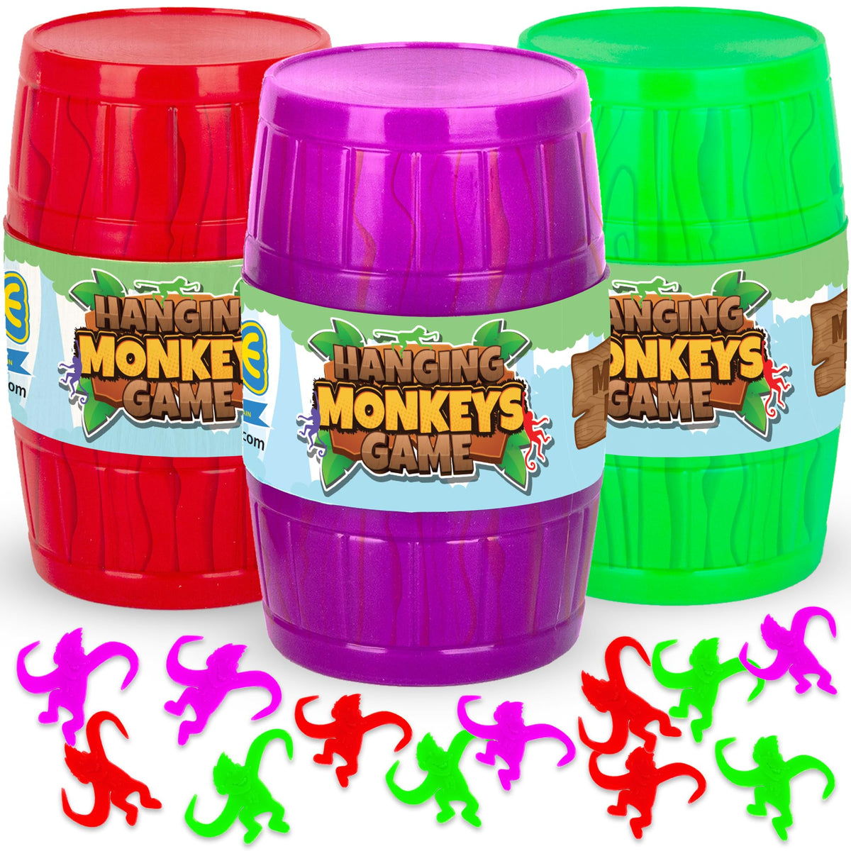 Gamie Hanging Monkeys Game with 3 Barrels and 30 Monkeys, ideal for family play.