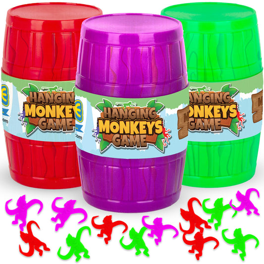 Gamie Hanging Monkeys Game with 3 Barrels and 30 Monkeys, ideal for family play.