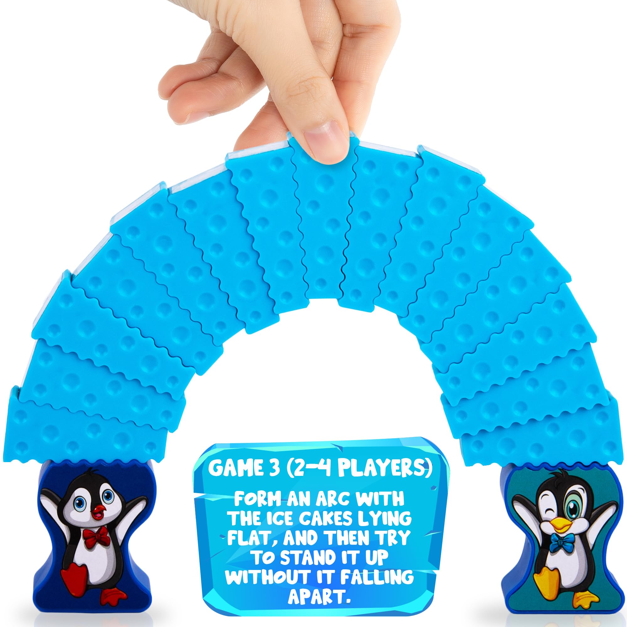 Gamie ice-arch-challenge shows penguin interaction and teamwork.