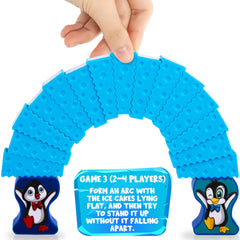Gamie ice-arch-challenge shows penguin interaction and teamwork.