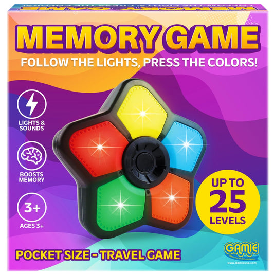 Gamie Mini Memory Game front view featuring bright lights and compact design for travel