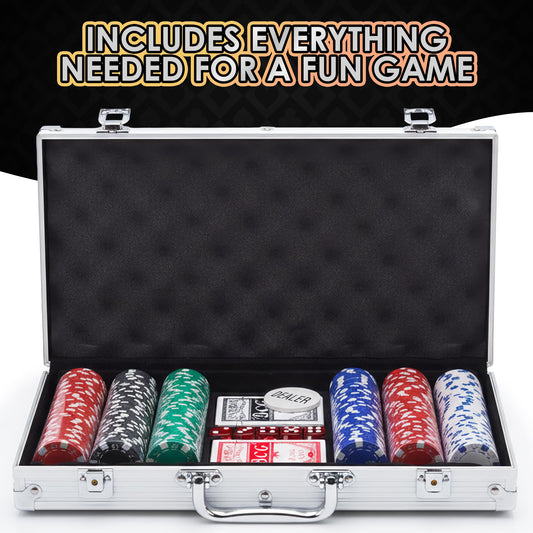 Gamie poker set shows 300 chips ready for play
