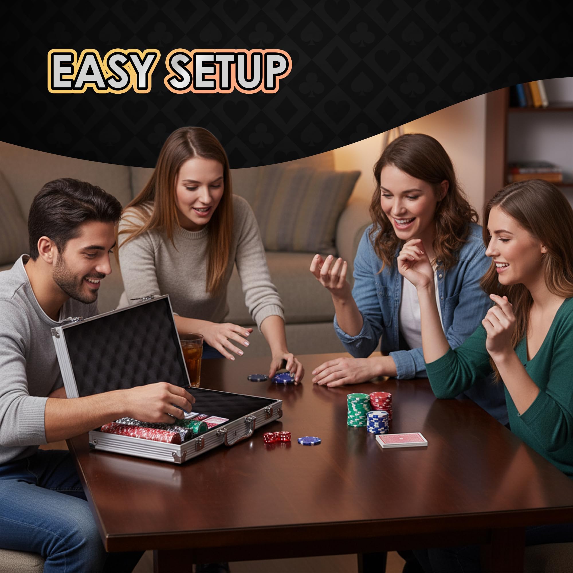 Gamie poker set includes five red dice for betting options