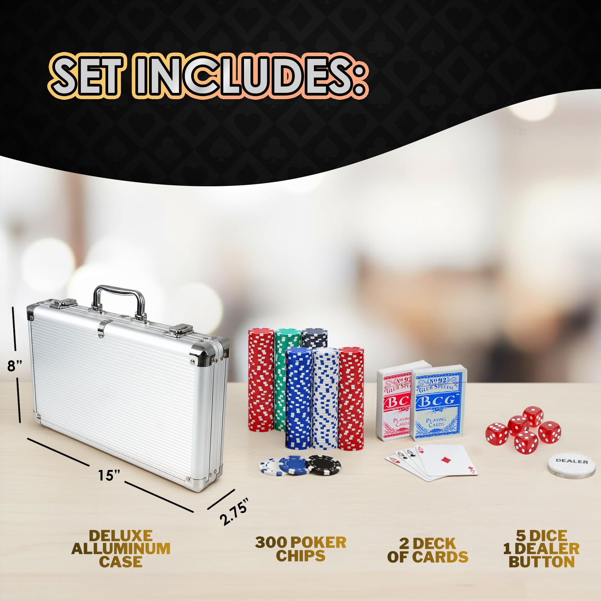 Gamie poker set features two decks of cards for versatile games