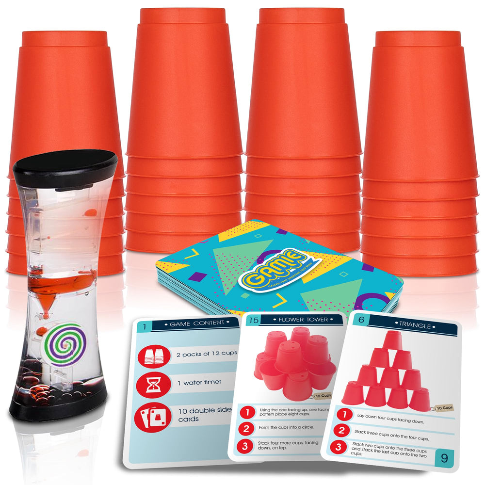 Gamie stack cups assembly highlights quick stacking for kids' dexterity.