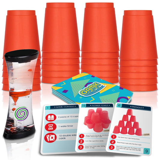 Gamie stack cups assembly highlights quick stacking for kids' dexterity.