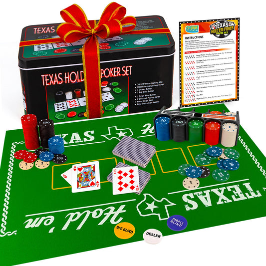 Gamie Texas Holdem set on table with mat and chips for family game night