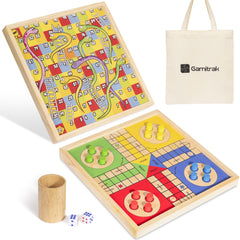 Gamitrak 12-inch wooden Ludo board, reversible for versatile play.
