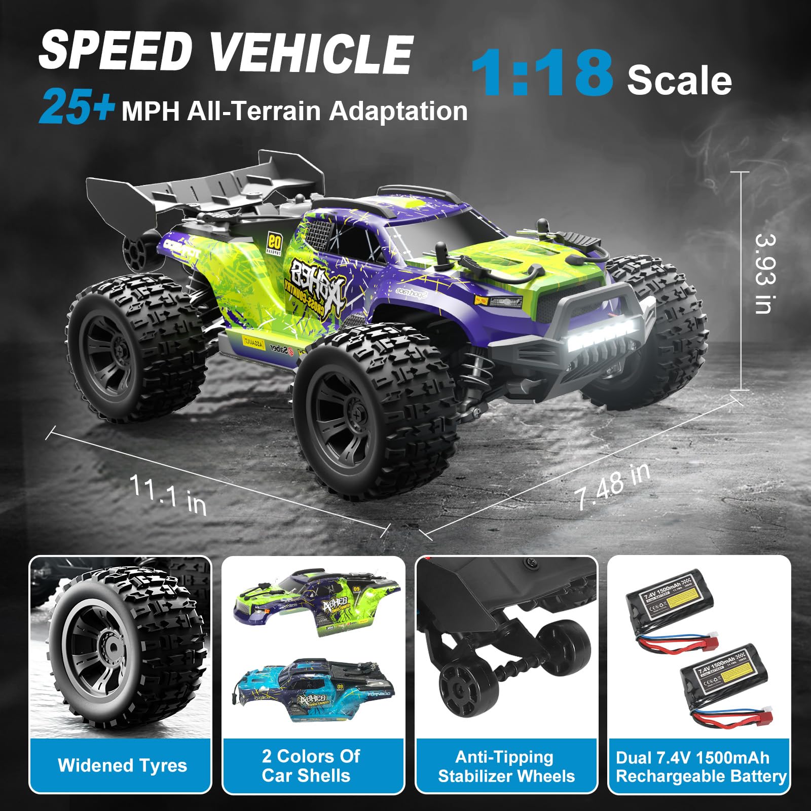 GAMRUXI 1:18 RC car side view with aggressive profile and off-road tires