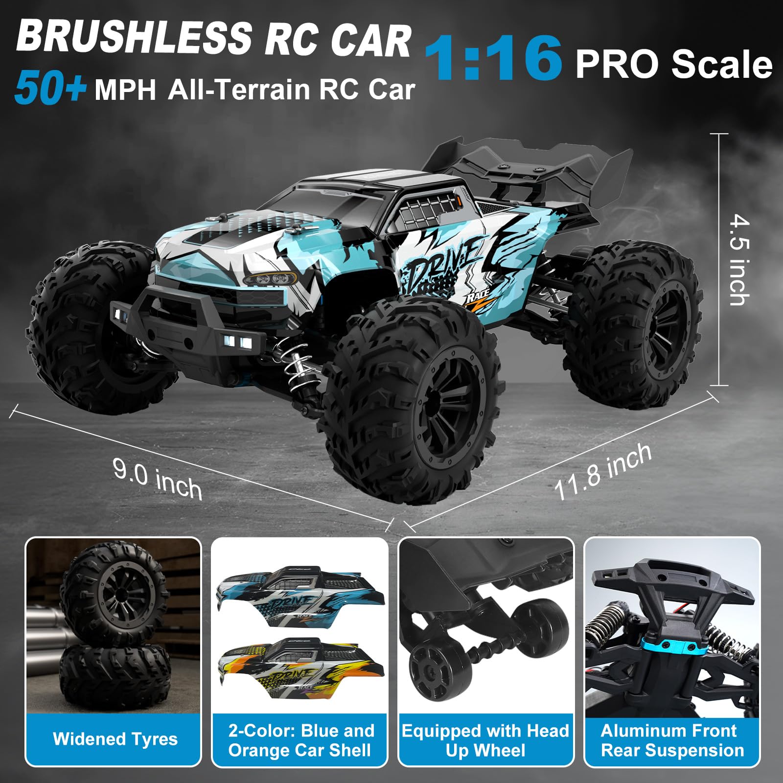 GAMRUXI 1:16 brushless RC car side view showing rugged profile
