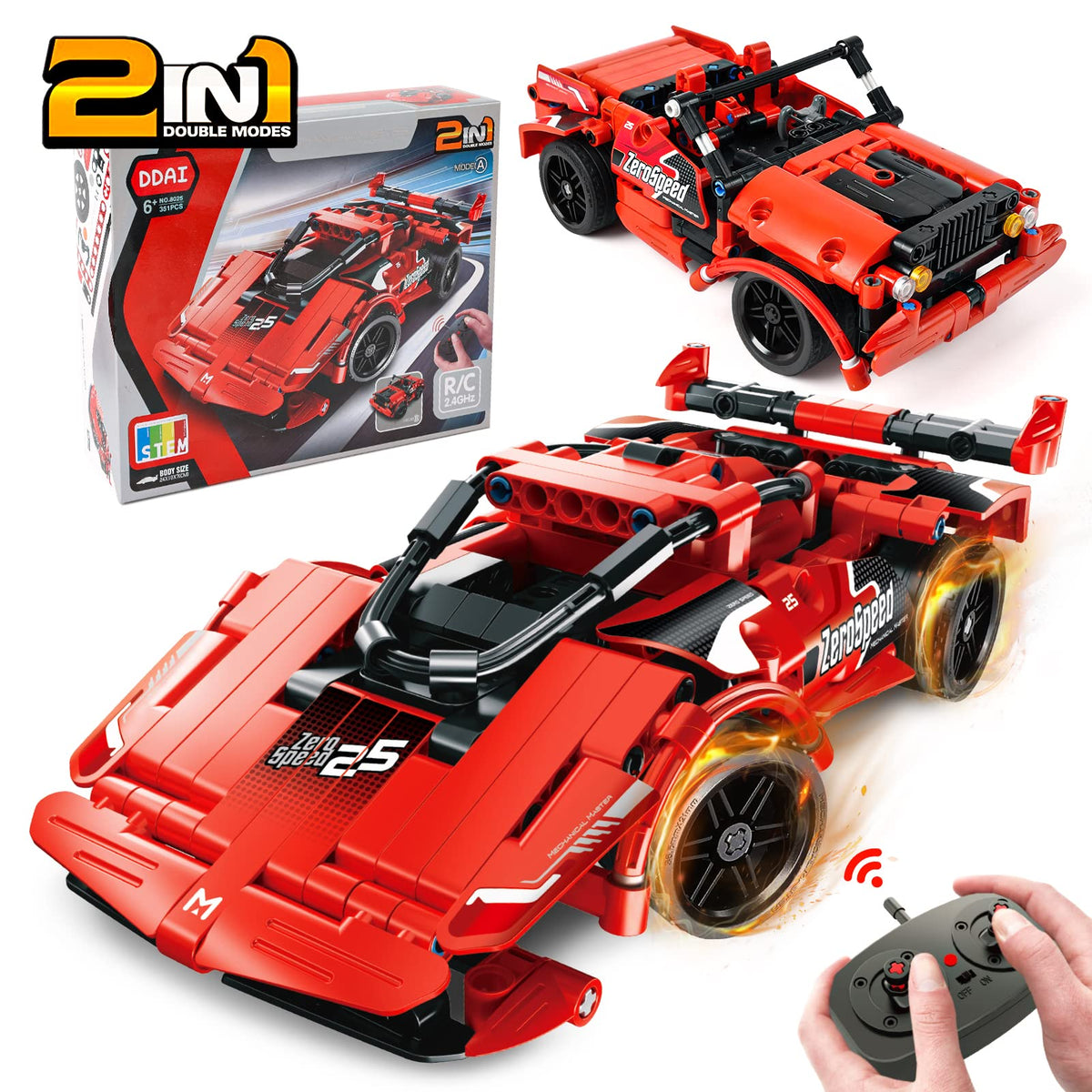 GAMZOO 2-in-1 RC racing car and building kit components for creative play