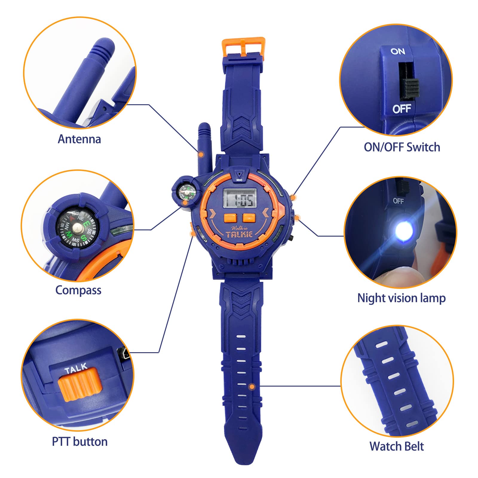 Gantan walkie talkie blue with flashlight, front angle for adventures.