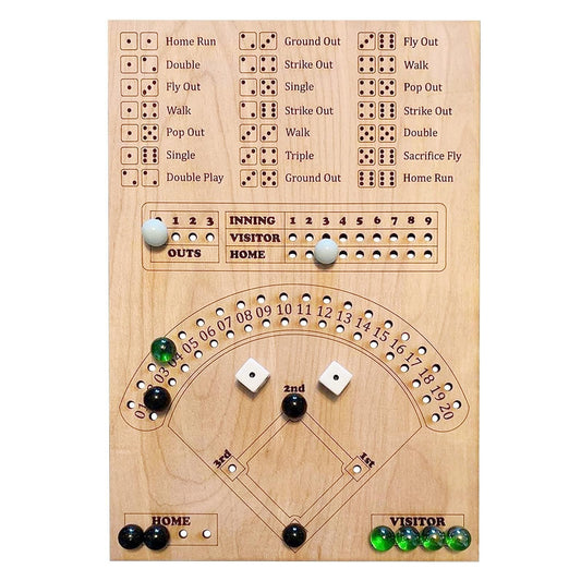 GAOMEIDA Baseball Dice Board Game contents: board, dice, marbles, and guide
