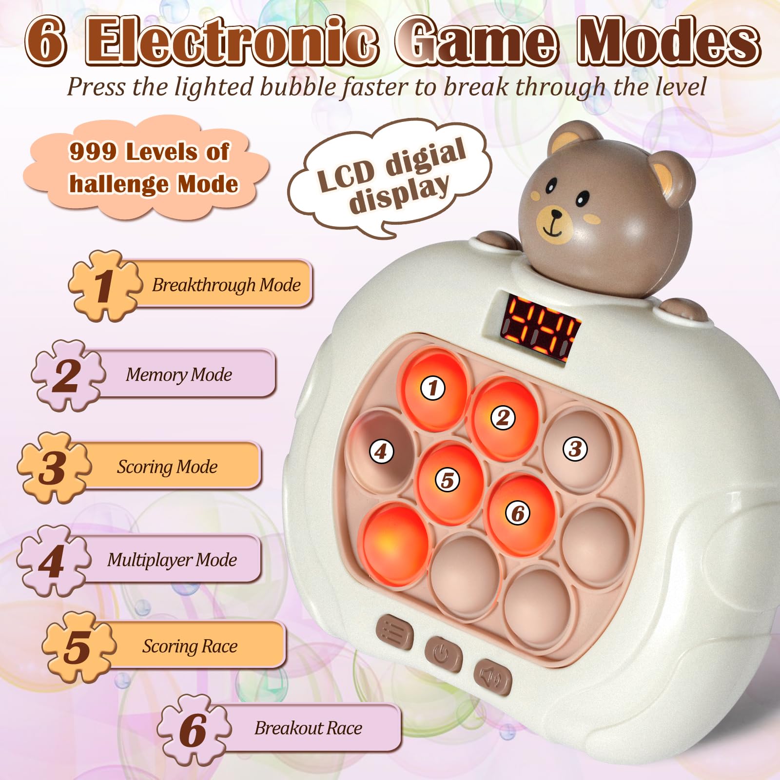 GAPER GO Pop Game Light Up Bear — close-up of popping bubbles to boost dexterity.