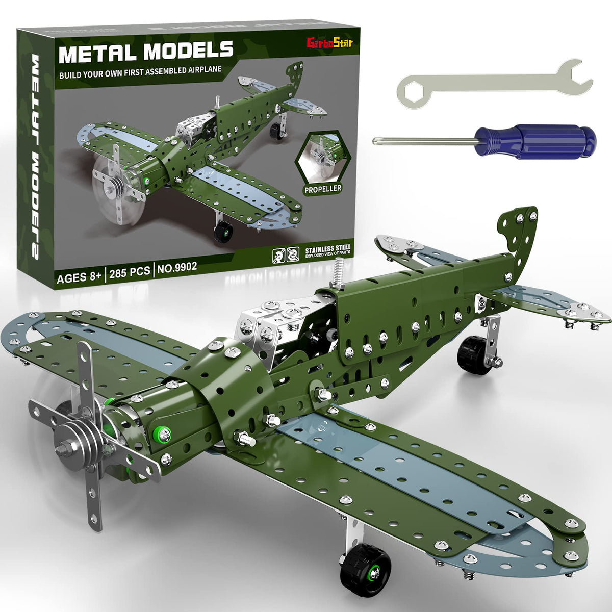 Garbo Star STEM airplane assembly kit featuring metal parts for hands-on learning.