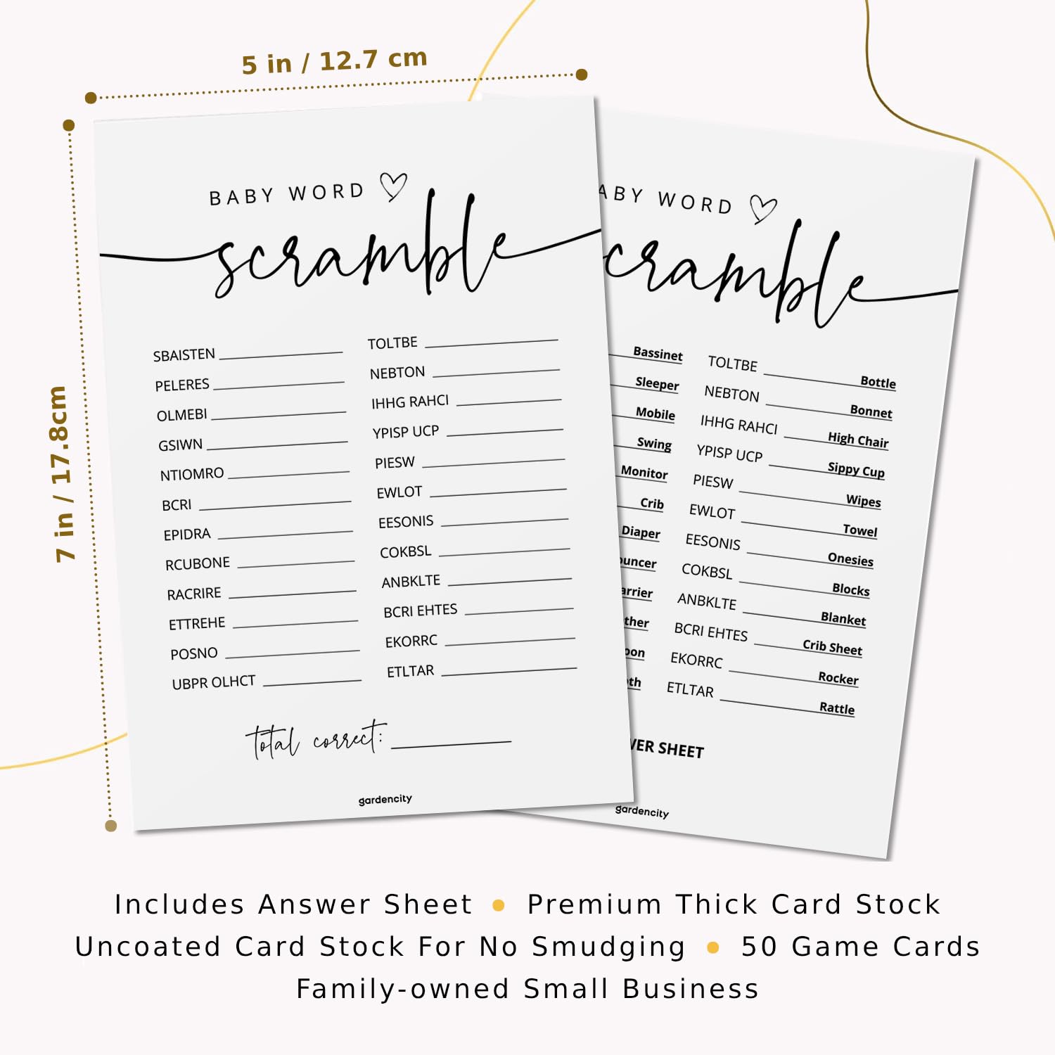 GardenCity 50 Baby Shower Word Scramble Cards close-up with legible typography for quick play
