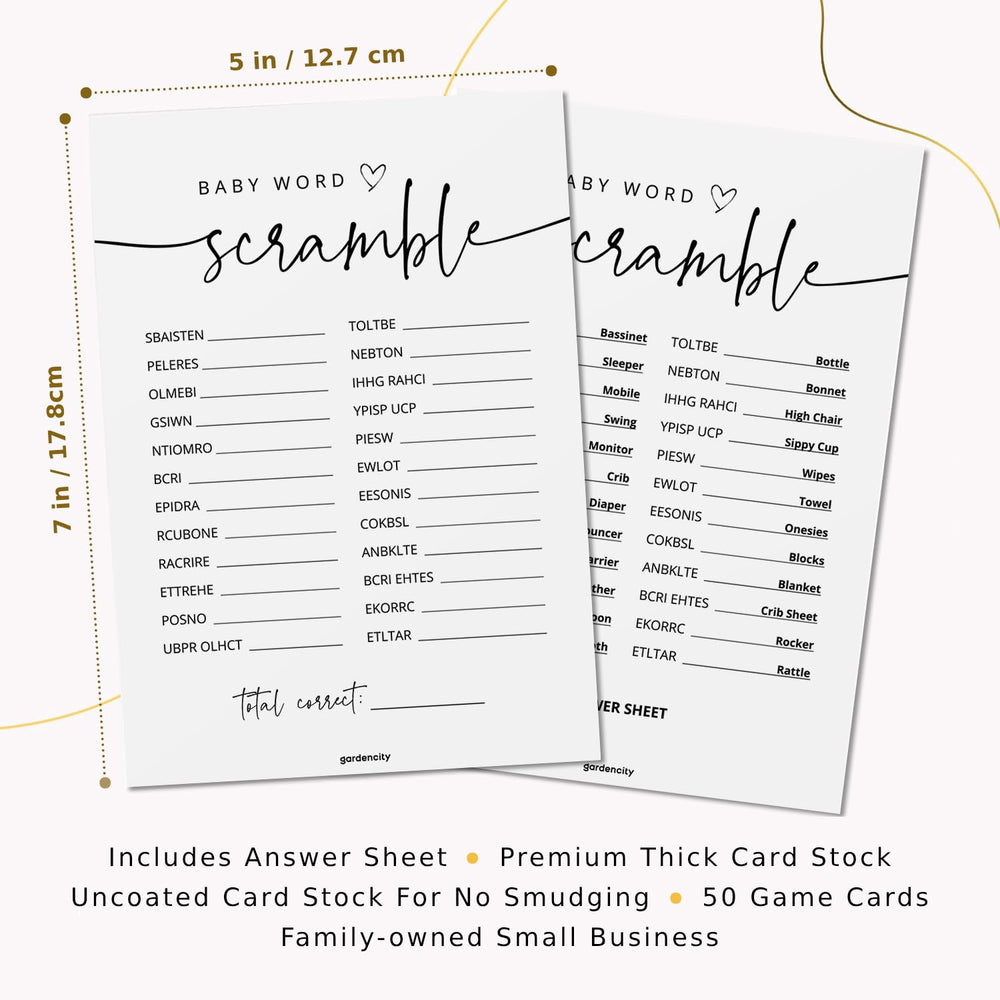 GardenCity 50 Baby Shower Word Scramble Cards close-up with legible typography for quick play