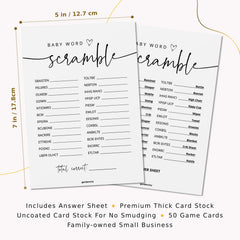 GardenCity 50 Baby Shower Word Scramble Cards close-up with legible typography for quick play