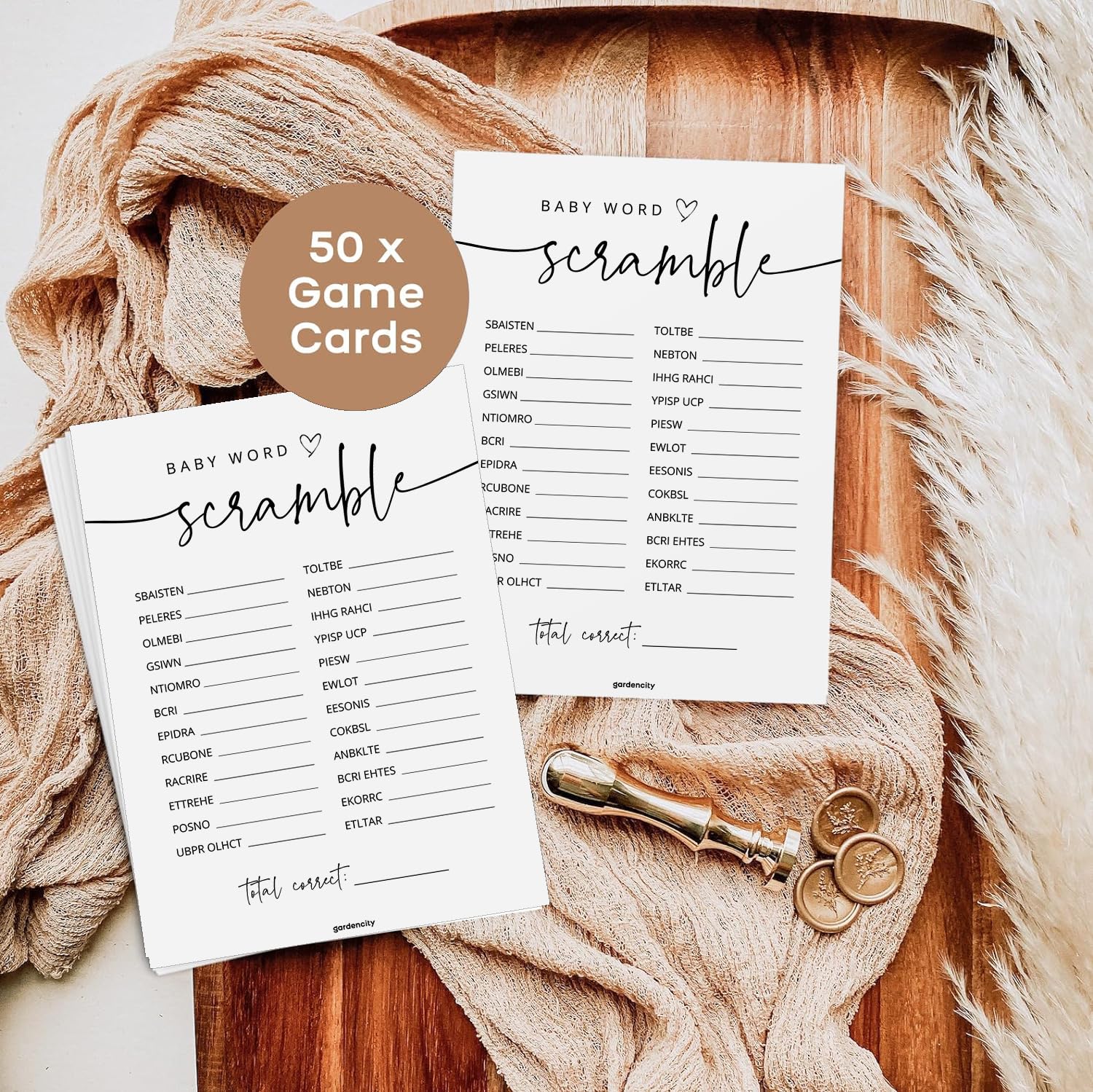 GardenCity 50 Baby Shower Word Scramble Cards measuring 5x7 inches for easy handling