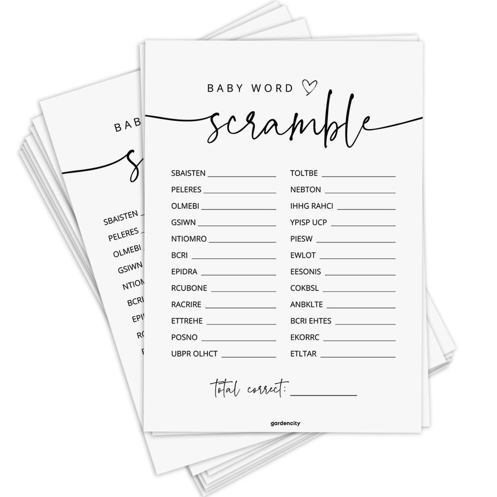 GardenCity 50 Baby Shower Word Scramble Cards front view for effortless ice-breaker fun