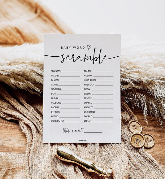 GardenCity 50 Baby Shower Word Scramble Cards stacked for premium, durable stock
