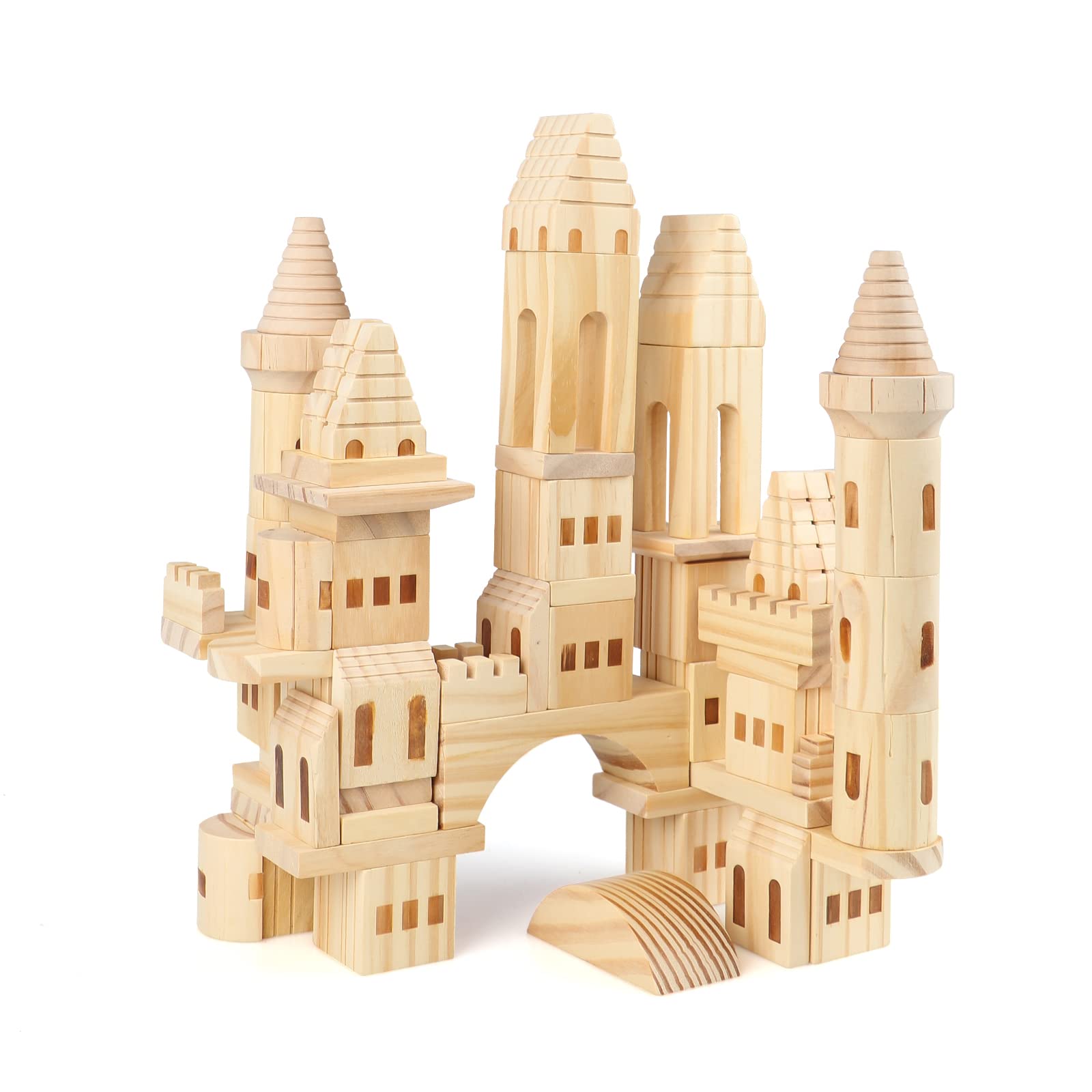 Garlictoys 75-piece wooden castle blocks kit for kids, durable play setup fuels creativity.
