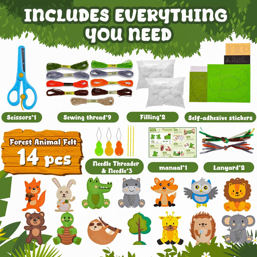 Colorful felt animals ready to be customized and learned through sewing