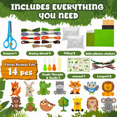 Colorful felt animals ready to be customized and learned through sewing