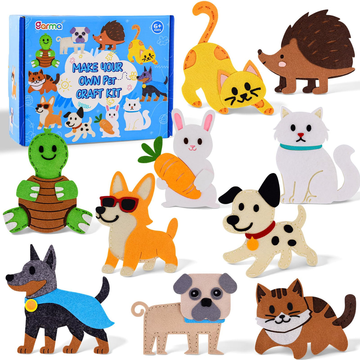 Garma Puppy Sewing Kit contents showing felt figures and tools for creative crafts