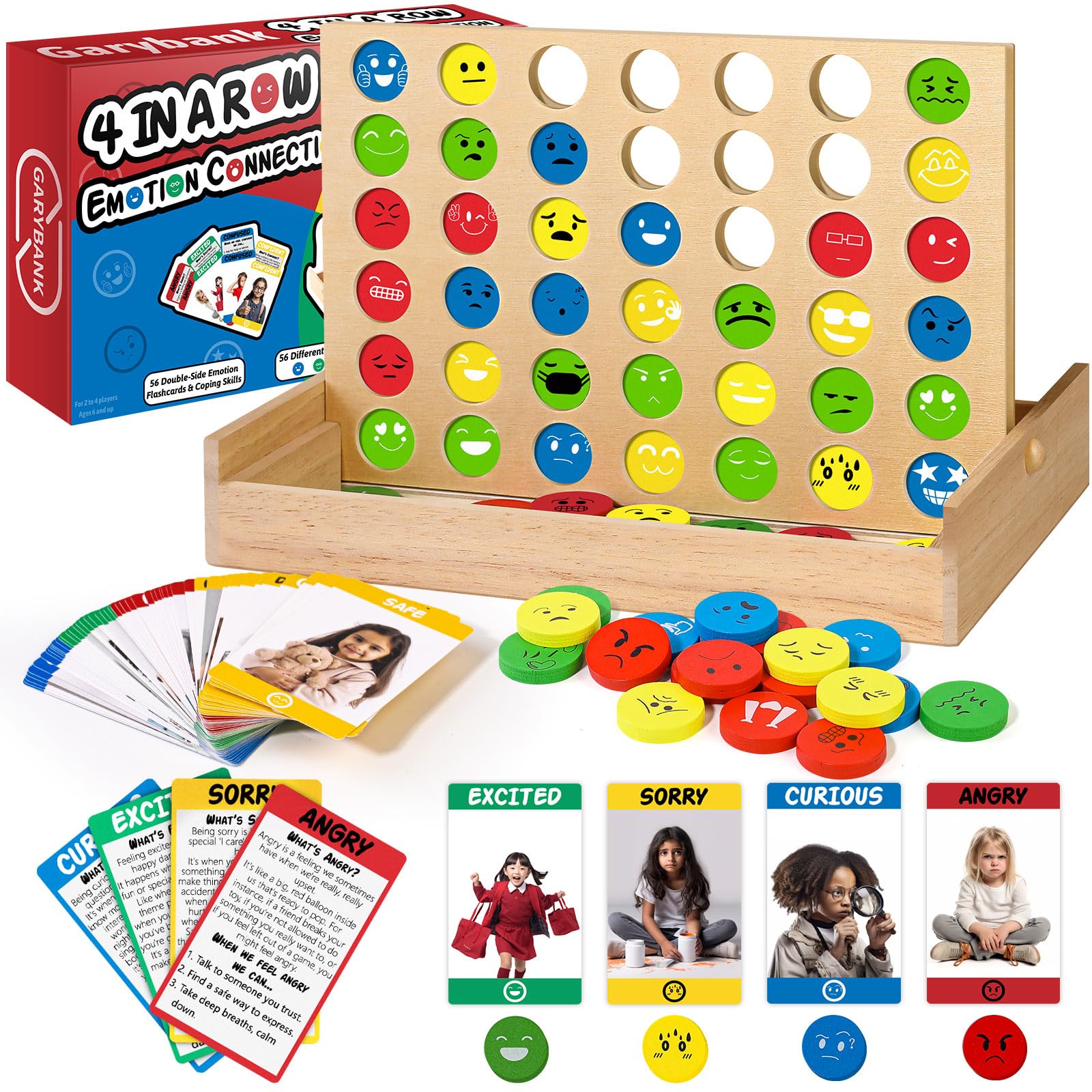 Garybank Feelings discs in a 4-in-a-row setup to help kids recognize emotions through play