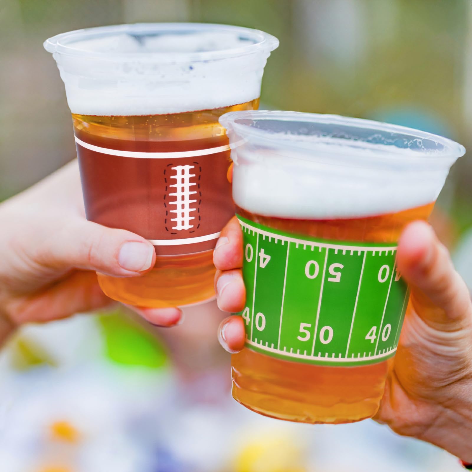 Gatherfun tailgate table featuring 16oz football cups for a sporty drinks station