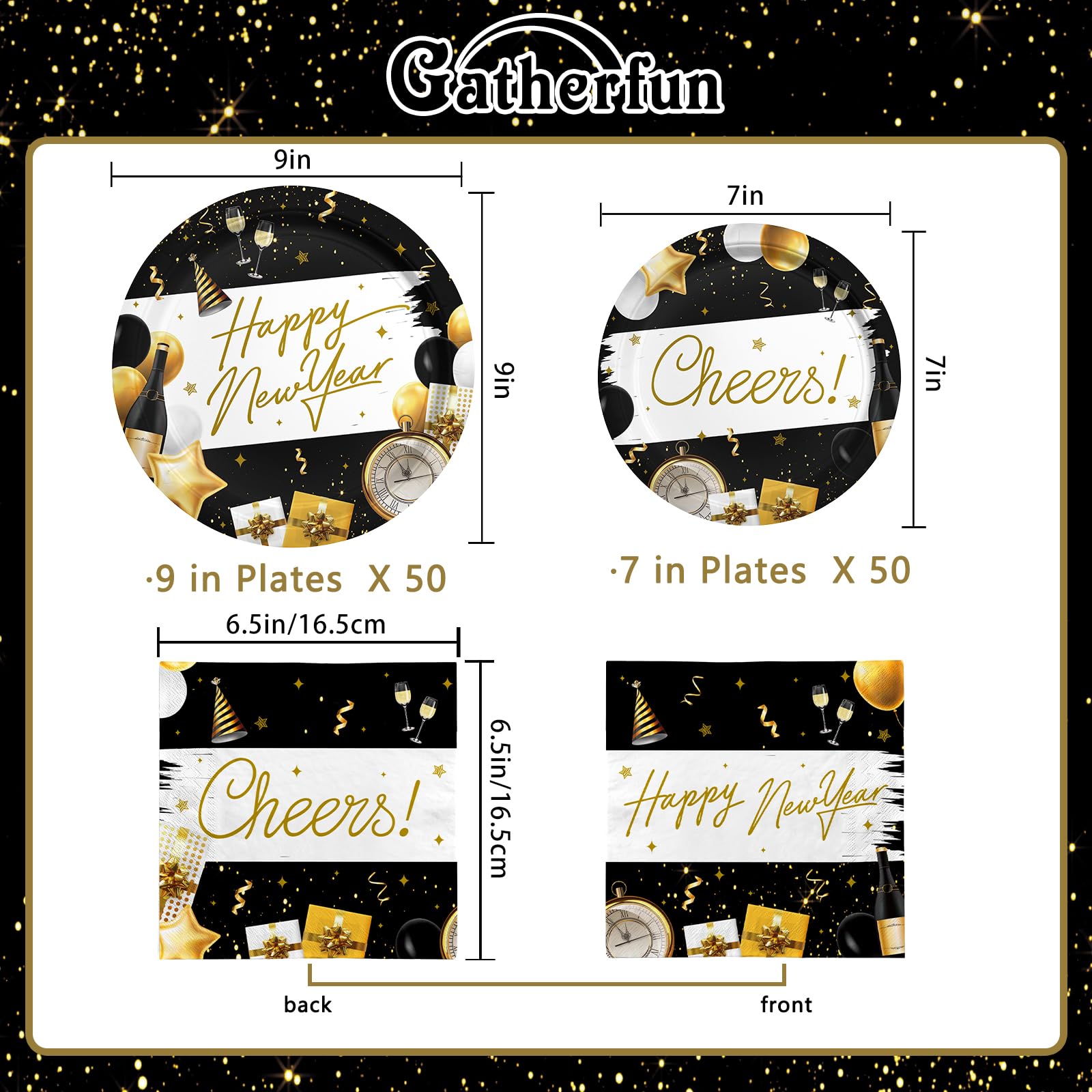 Gatherfun Happy New Year Kit 50 dessert plates for festive treats.