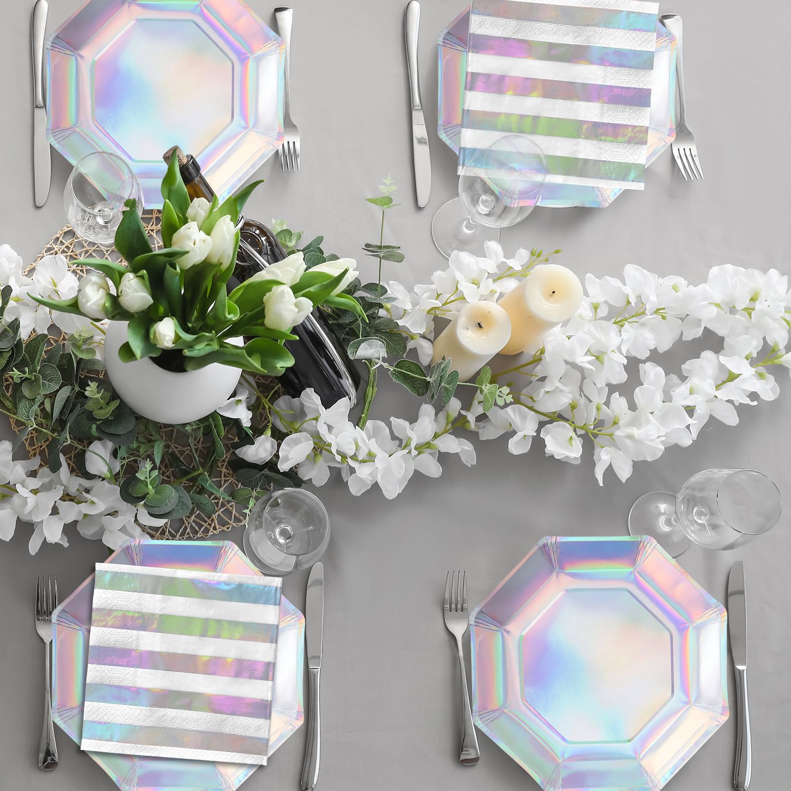 Gatherfun iridescent party kit displays a glamorous setup