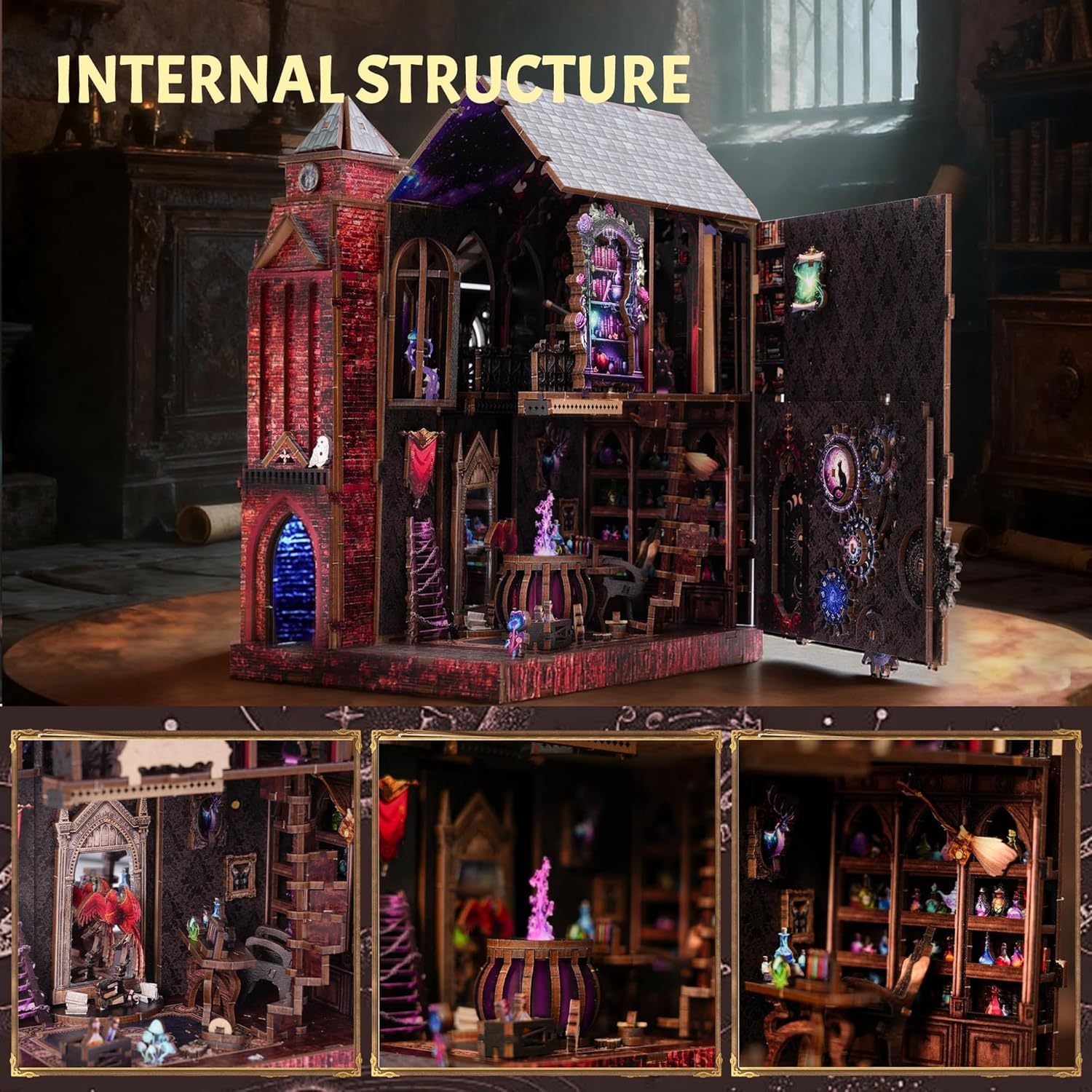 GATTLELIC Book Nook Kit Arcane Sprire assembled magic castle exudes whimsy for desk display.