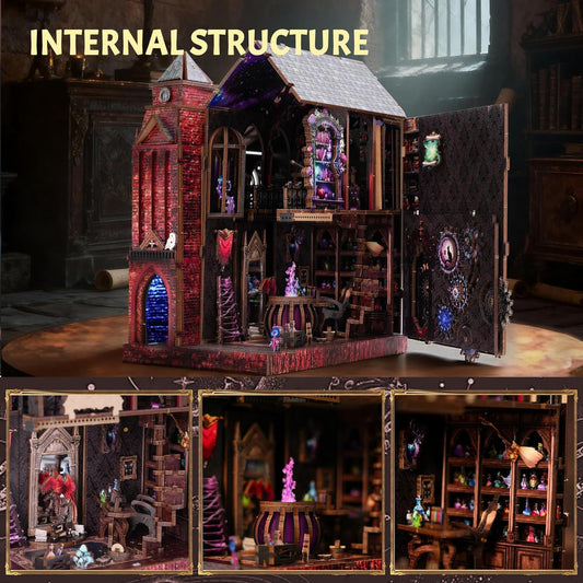 GATTLELIC Book Nook Kit Arcane Sprire assembled magic castle exudes whimsy for desk display.