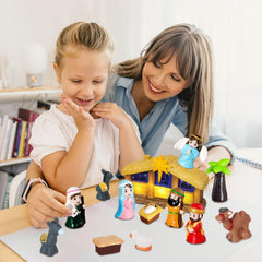Complete 17-piece GDGZT nativity set ready for creative play and storytelling.