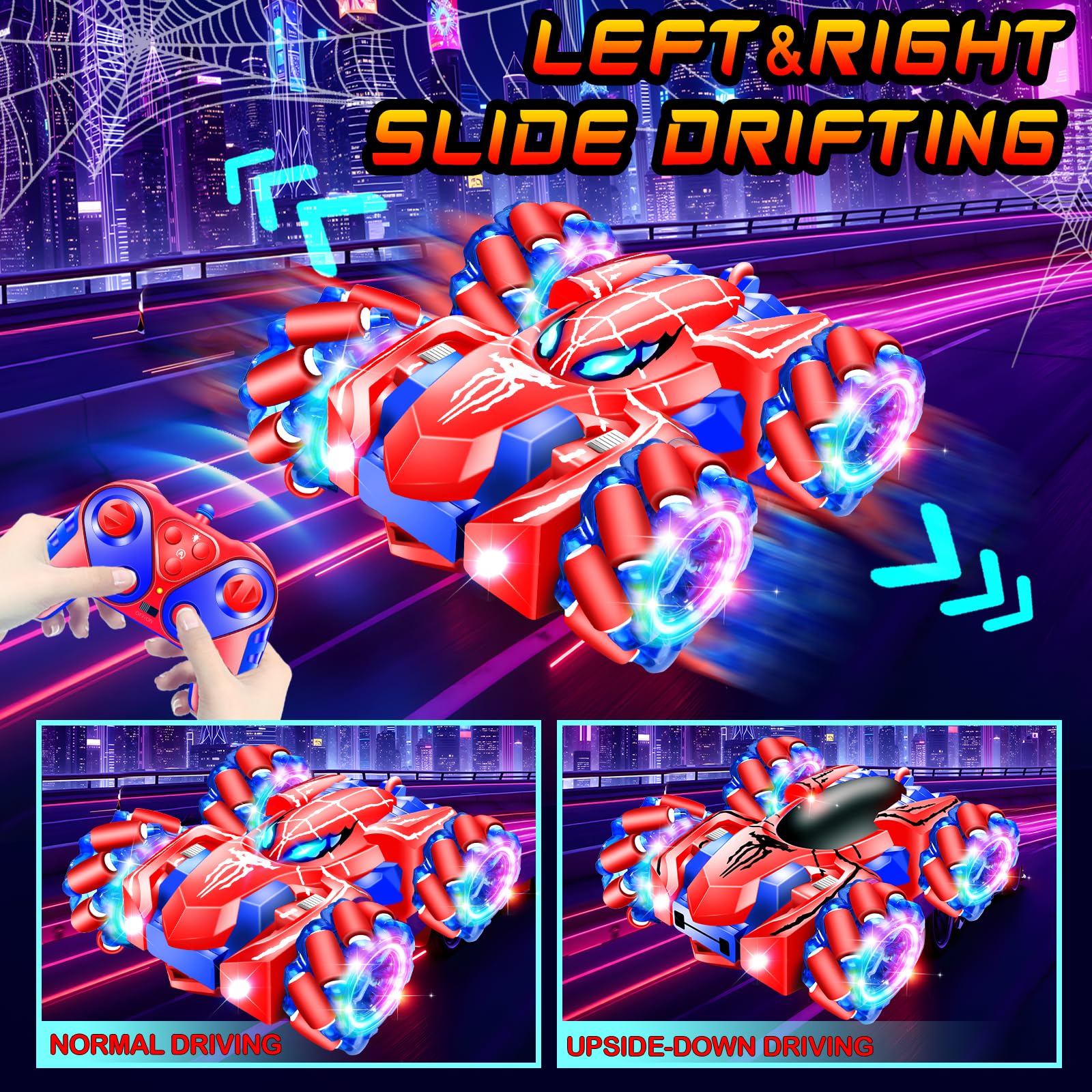 GDRic Spider RC car performing a 360-degree stunt under lights.