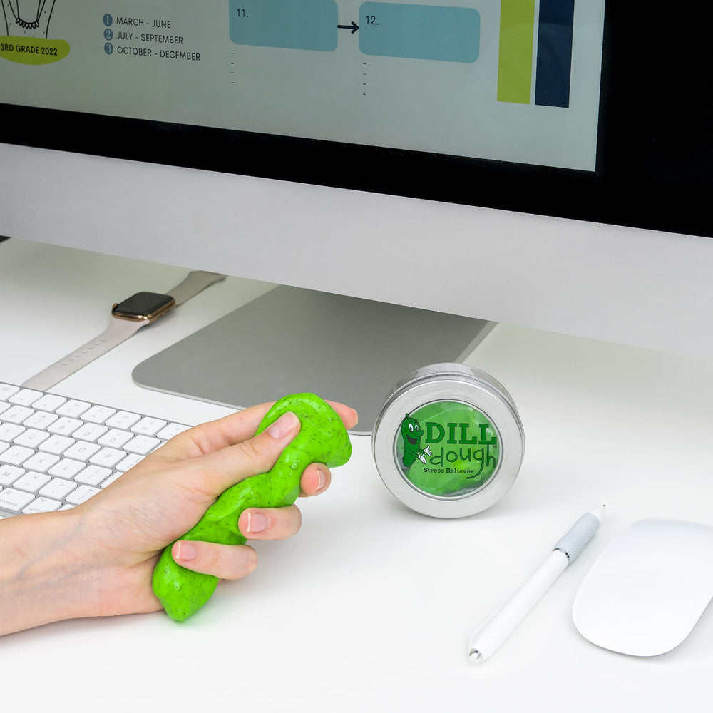 Gears Out Dill Dough Stress Putty stocking stuffer setup highlights festive humor
