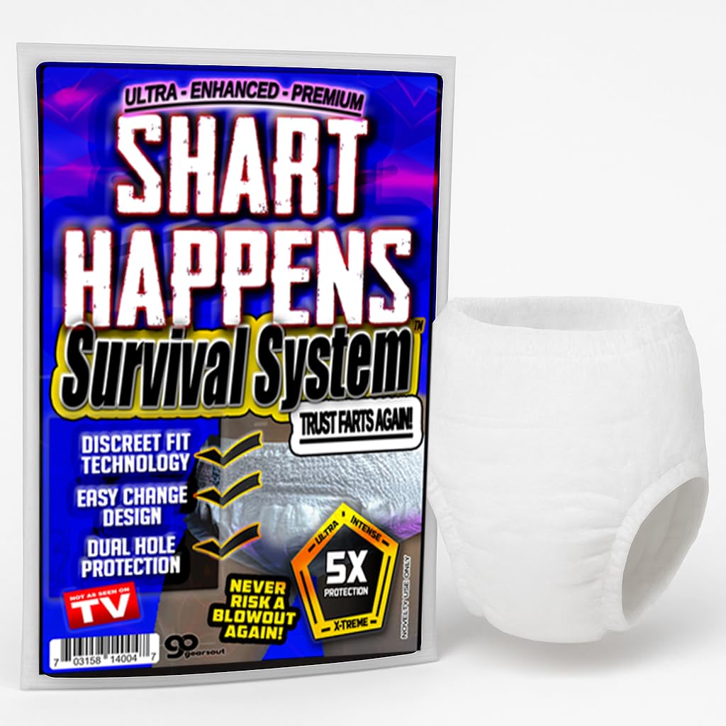 Gears Out Shart Happens survival-system packaging showcases a bold party reveal.