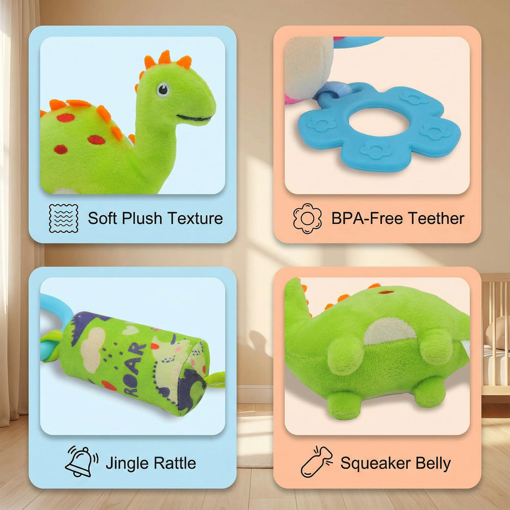 Gebra soft dinosaur teether toy with clip for play mats and arches