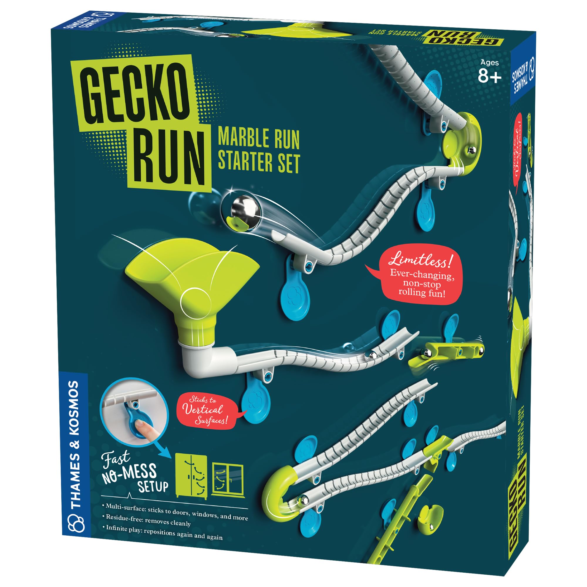 Gecko Run Starter Set with flexible tracks attached to a smooth wall for tall builds.