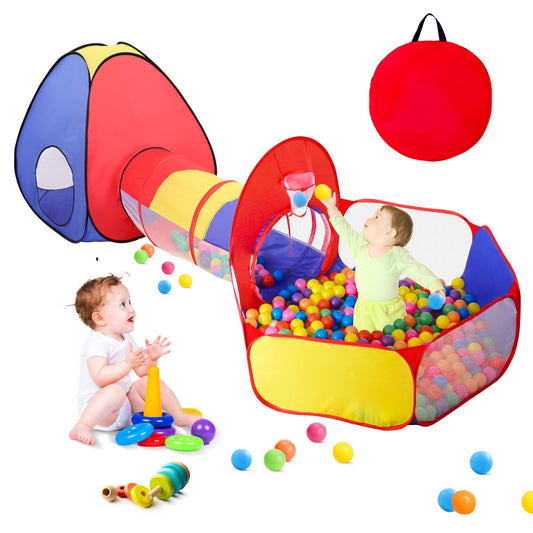 GeerWest 3-in-1 play tent with ball pit and tunnel for toddlers.