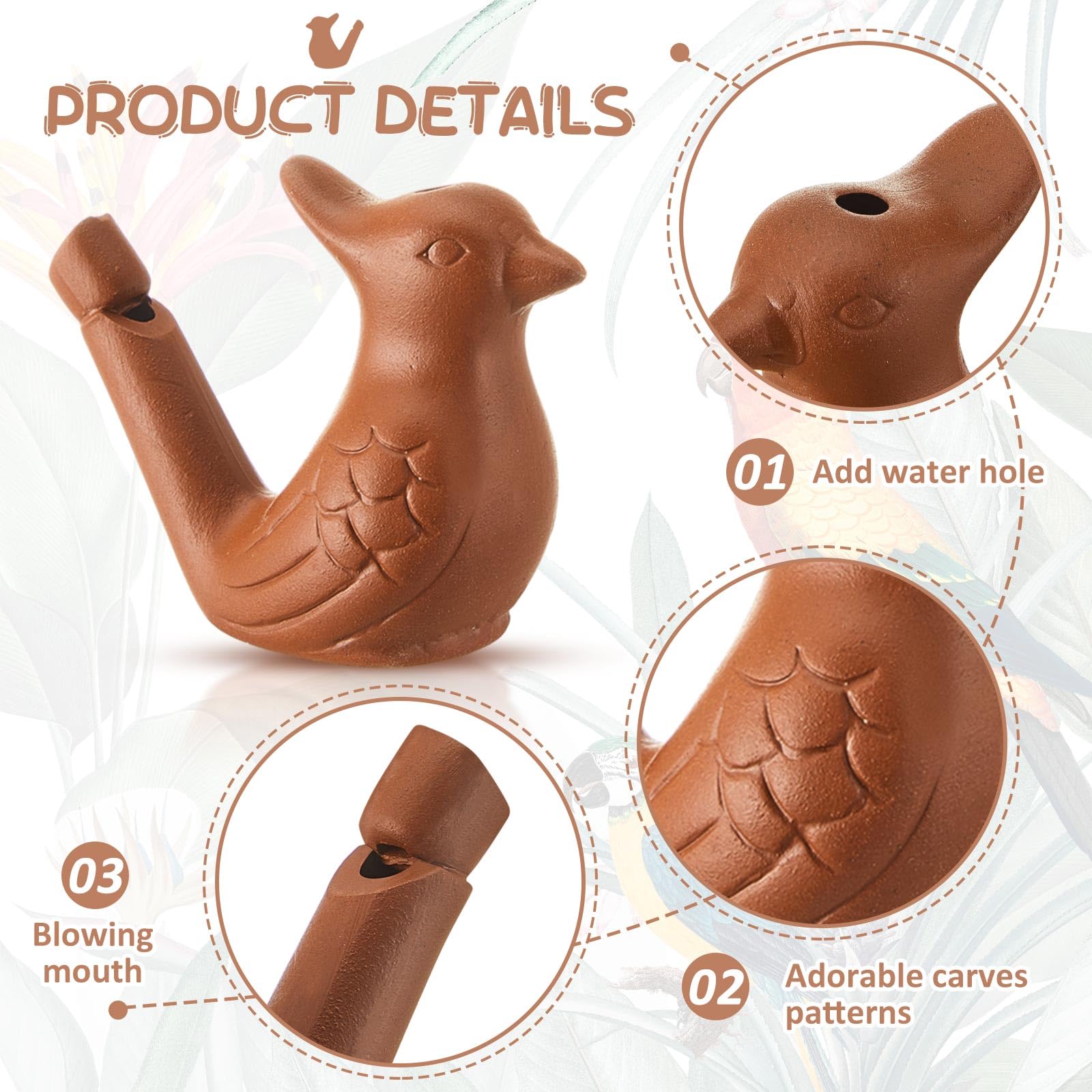 Gejoy bird water whistle with vivid color, realistic twittering sound for play.