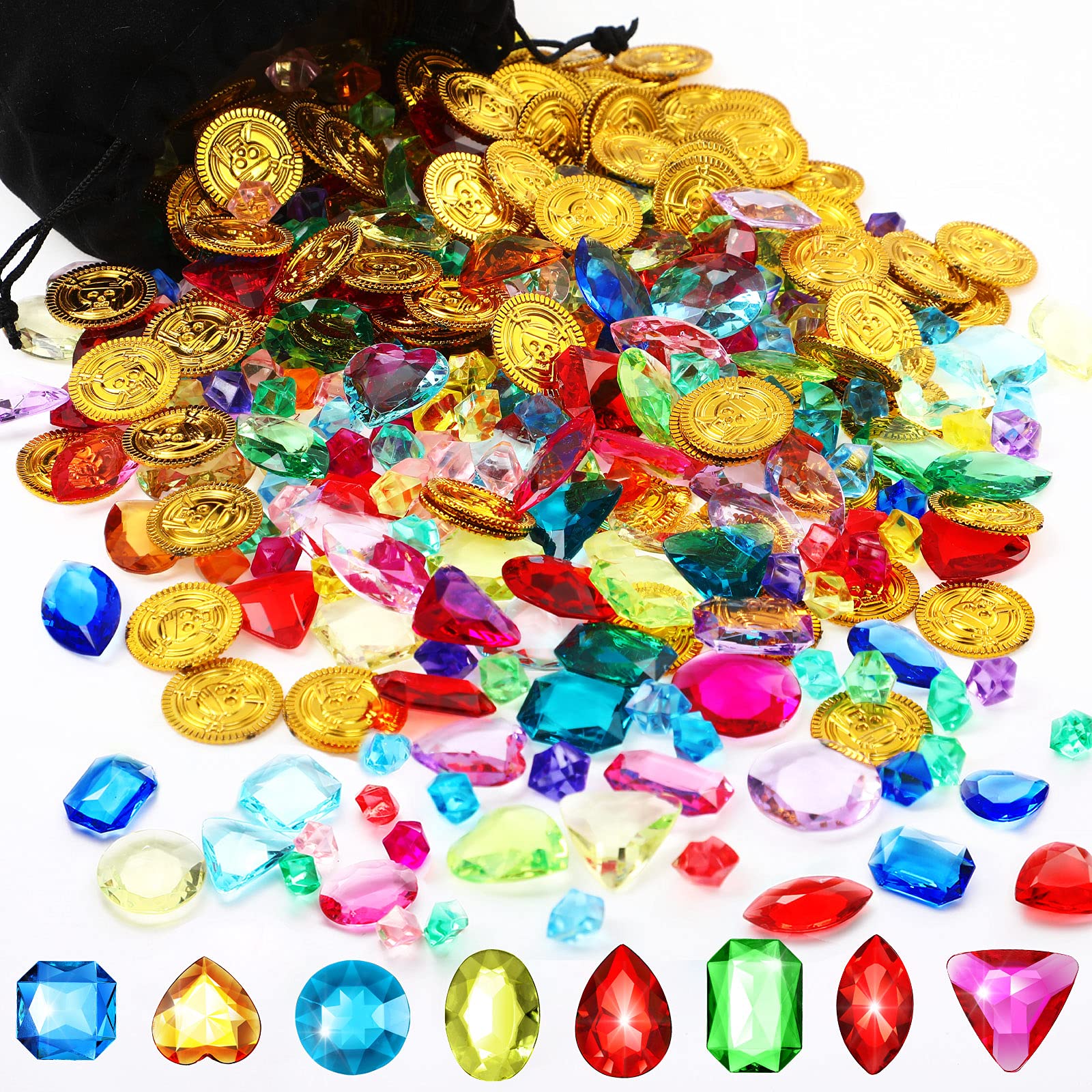 Gejoy pirate treasure coins and gems set in burlap bag for party decor.