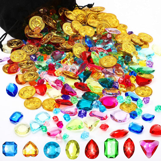 Gejoy pirate treasure coins and gems set in burlap bag for party decor.