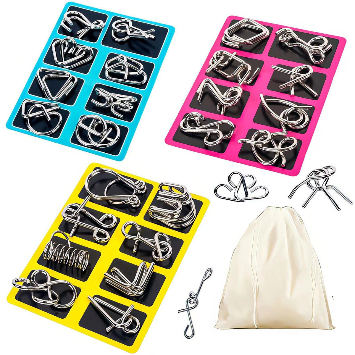 GEKELI 24-piece metal puzzle set with pouch for on-the-go challenges.